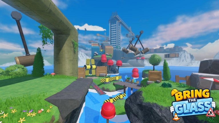 Carry the Glass Together course with striped beams, red hard-hat markers, water gaps, and the construction tower ahead